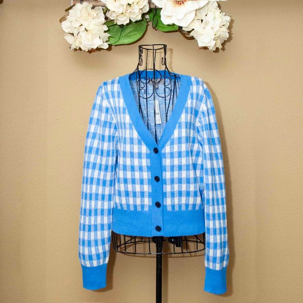 NWT J. Crew Cashmere Cropped V-neck Cardigan Sweater in Gingham size M